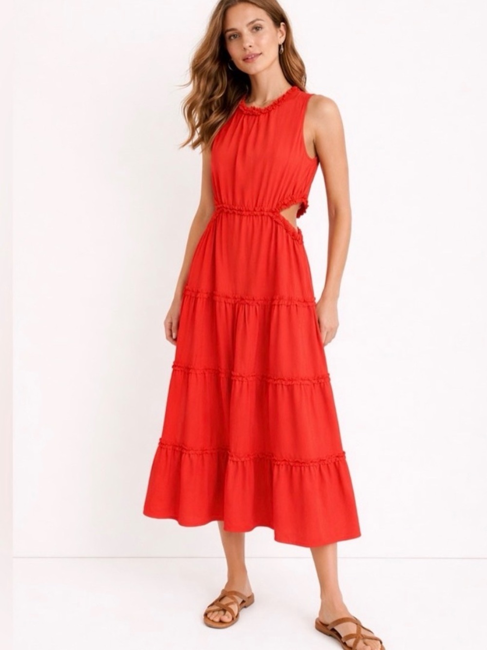 &merci Red Cutout Tiered Midi Dress – Size Large